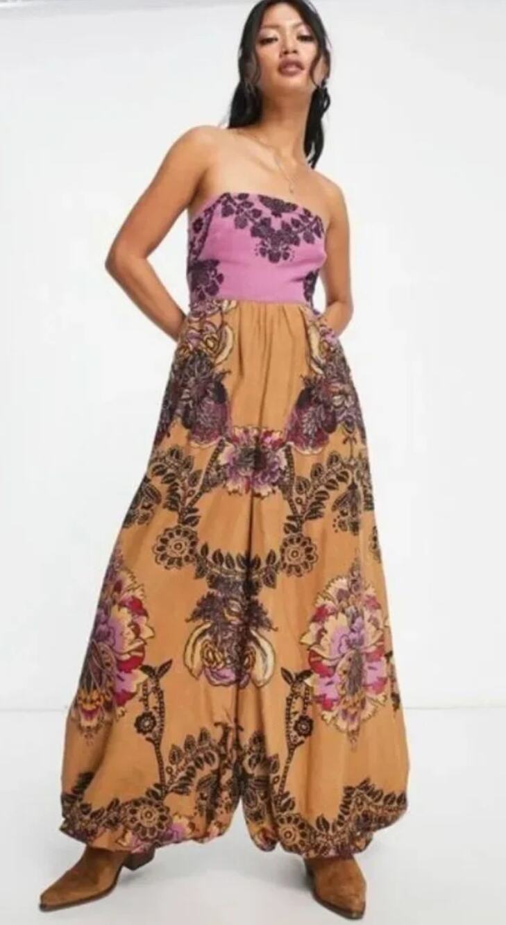 Free People Jumpsuit XS Indio Sun Wide Leg Whimsical Boho Floral Purple Orange